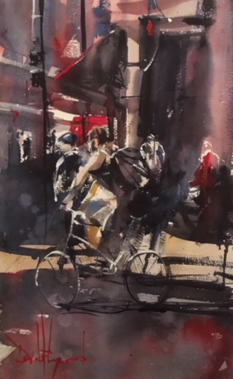 David Heywood 'Urban cyclist' Original Watercolour 
